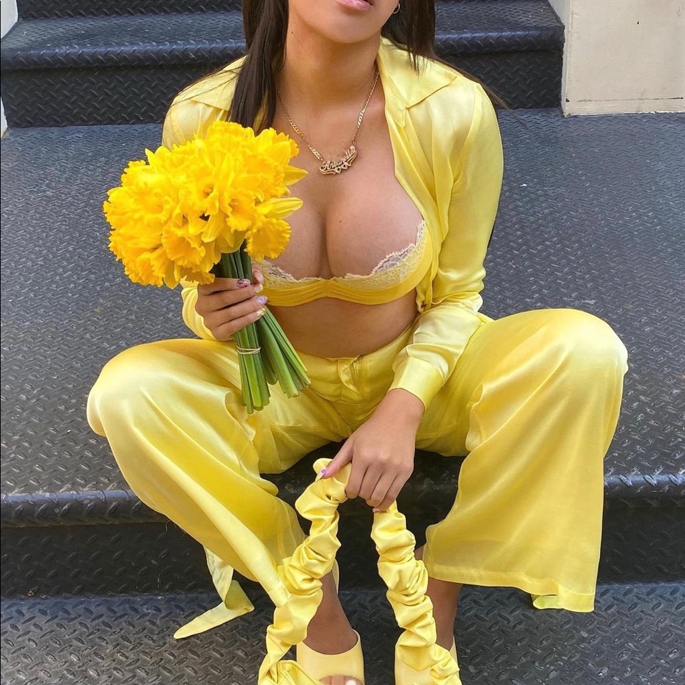 Bella satin pant and Josephine blouse in banana